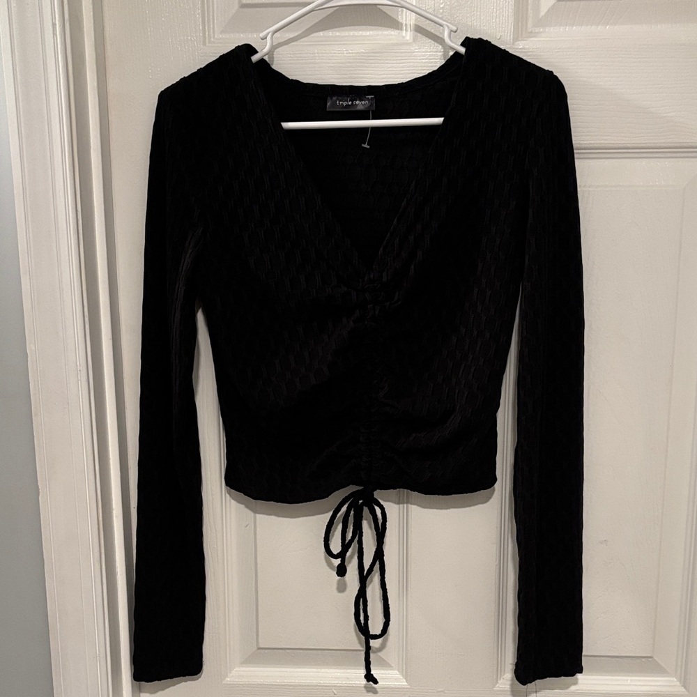 Triple 7 Black Textured Long Sleeve Top with Drawstring